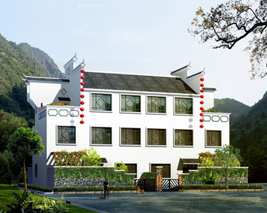 中式帶地區特色三層雙拼別墅圖
