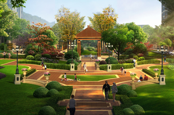 獨具特色的休閑廣場帶涼亭園林景觀庭院設計彩色3D效果圖