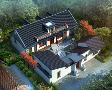 占地332平方AT227一層半中式小四合院別墅建筑設計圖紙17.58mx18.9m
