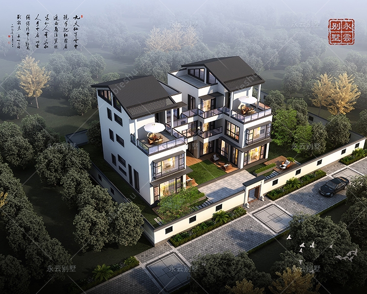 現代新中式/大玻璃全景窗/兄弟雙拼合院式三層別墅案例